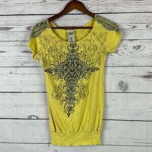Vocal Tee Shirt Top Womens Small Yellow Embellished Western Cowgirl Bling Grunge